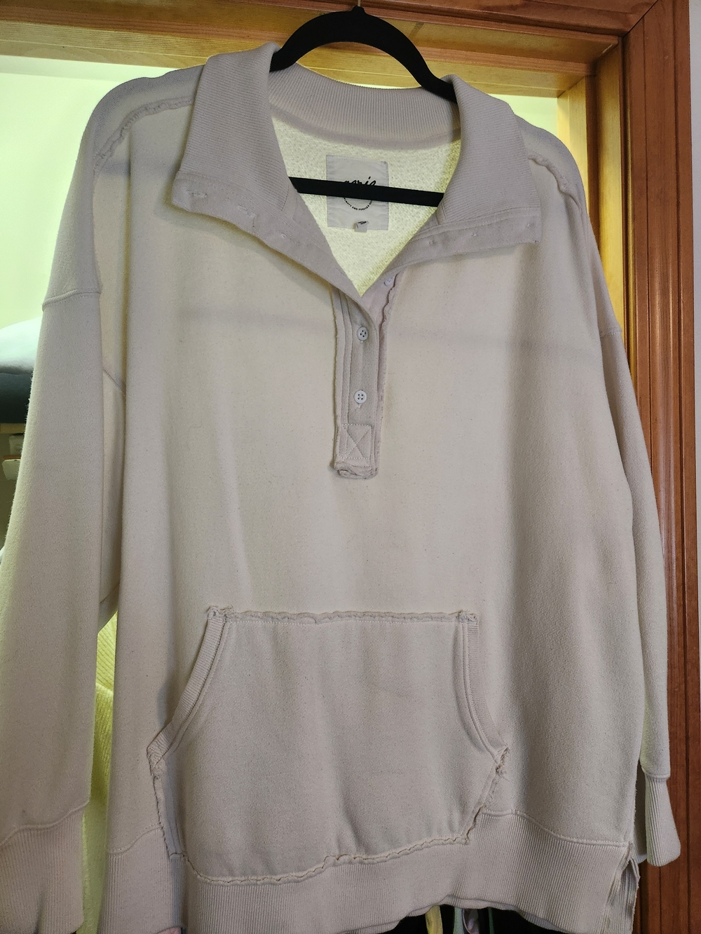 aerie Cream Henley Pullover with Kangaroo Pocket